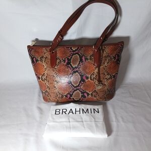 Brahmin Brown & Pink Snake-Print Leather Tote